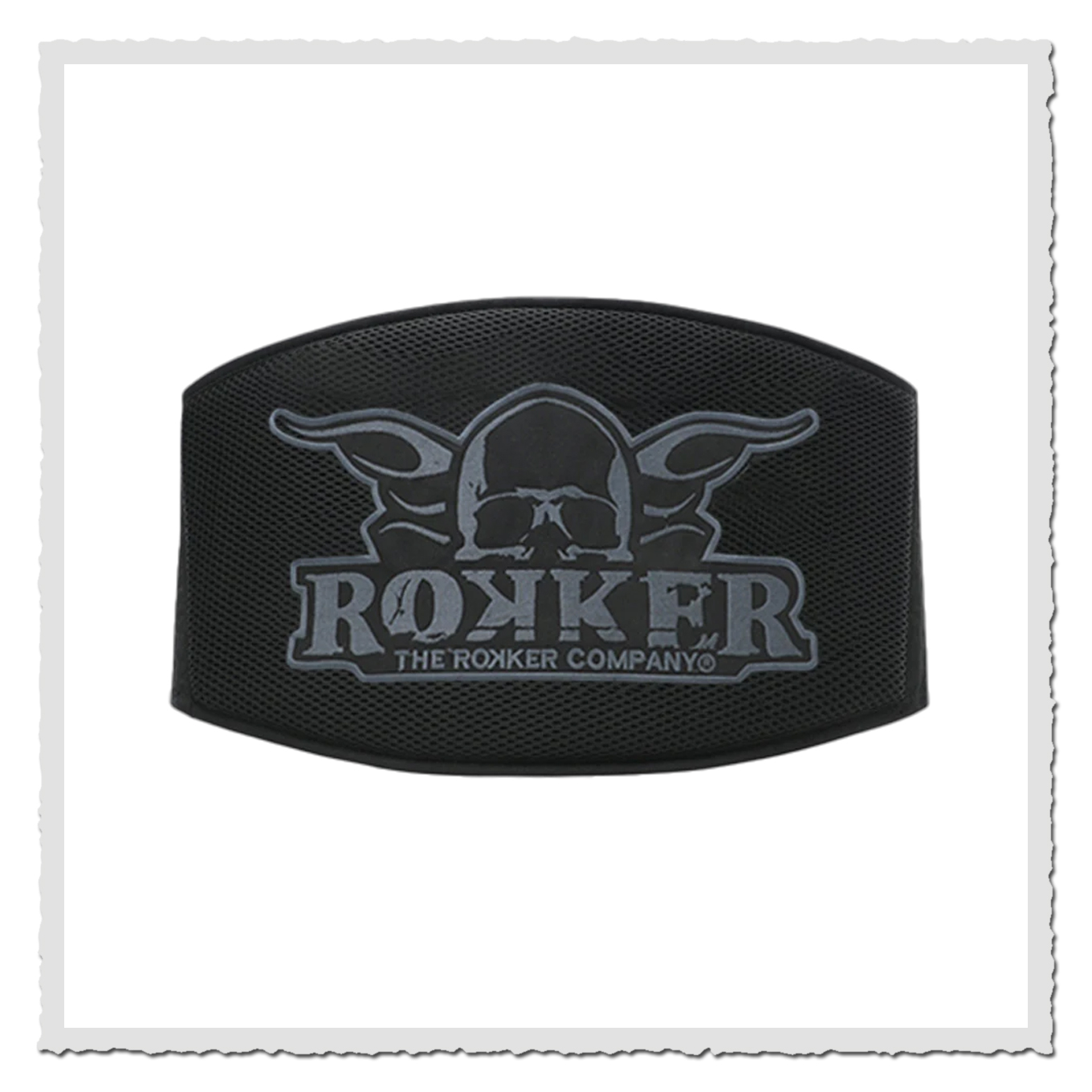 Schwarzer Rokker-Nierengurt auf weißem Hintergrund, Rückenansicht mit großem Rokker-Logo in Grau.